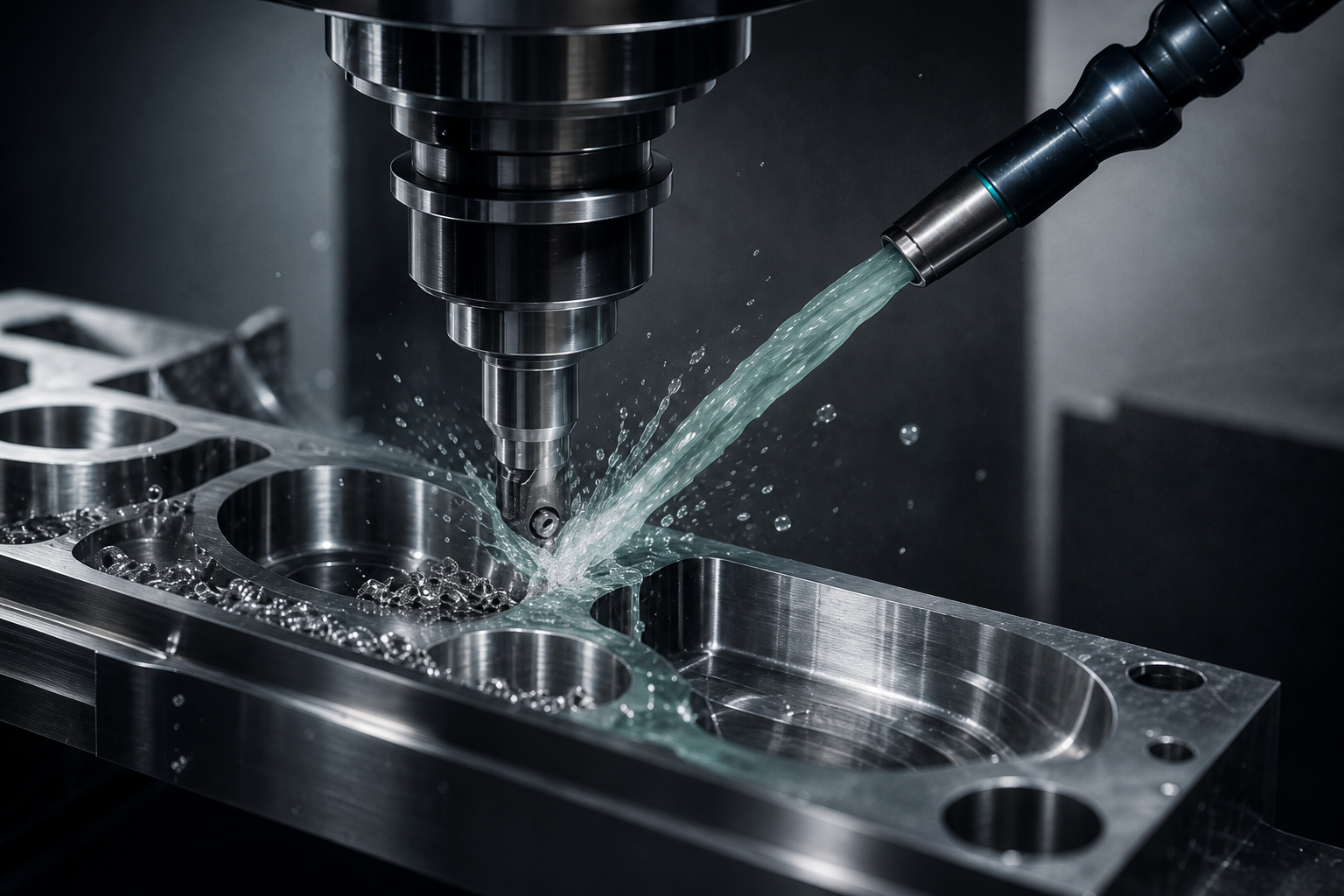 Machining of a metal part with a controlled metalworking fluid jet at the tool