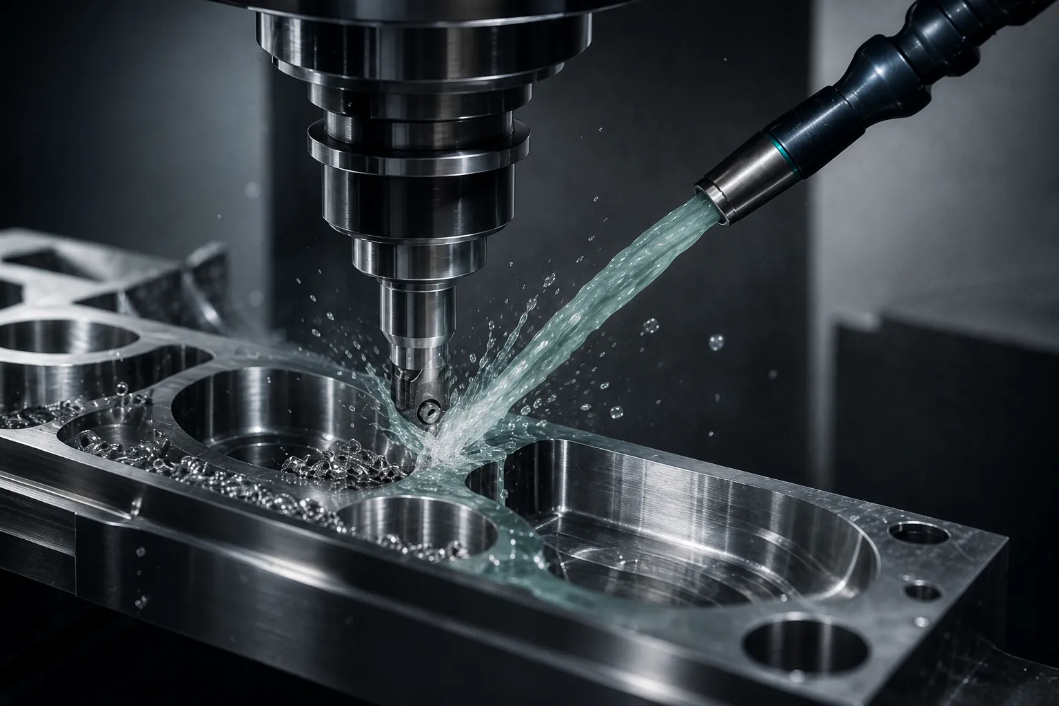Machining of a metal part with a controlled metalworking fluid jet at the tool