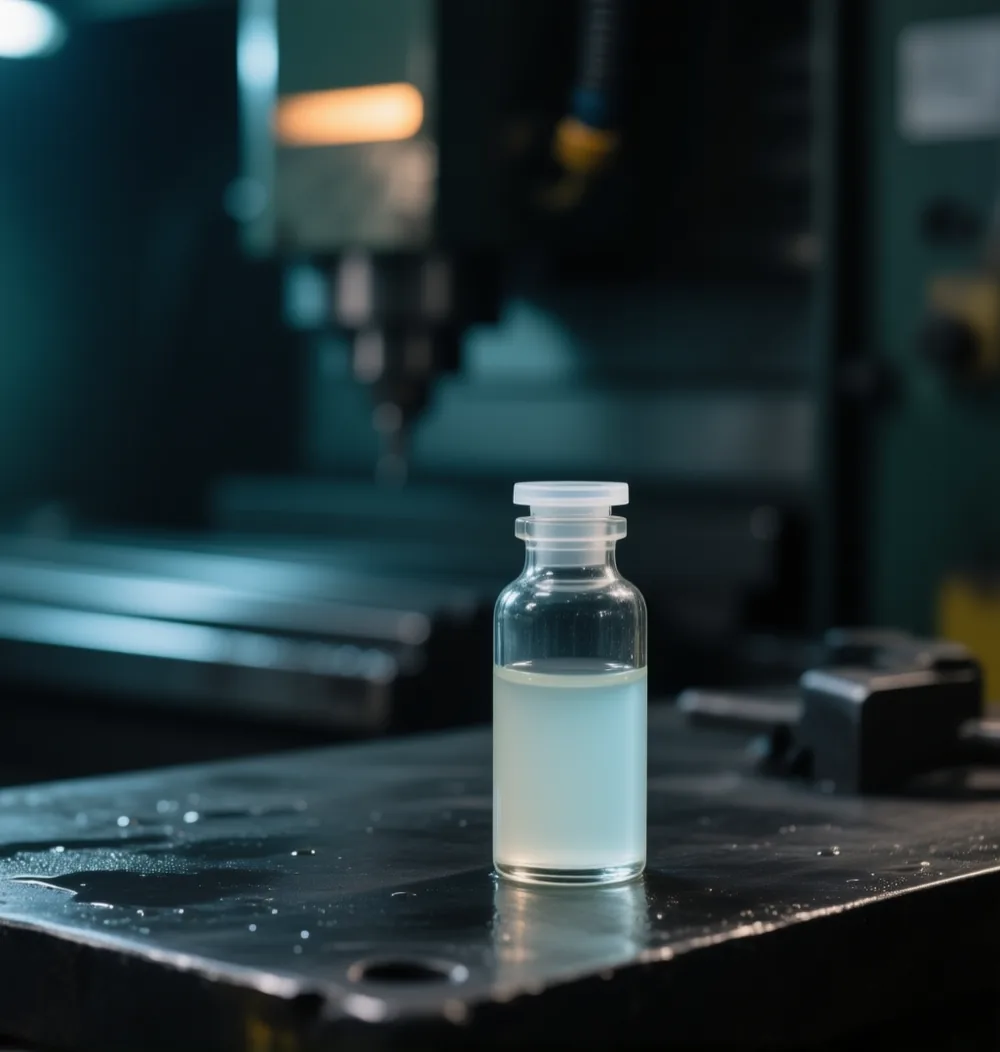 A sample bottle of pale metalworking fluid emulsion standing on a wet machine table, a CNC machine out of focus behind it